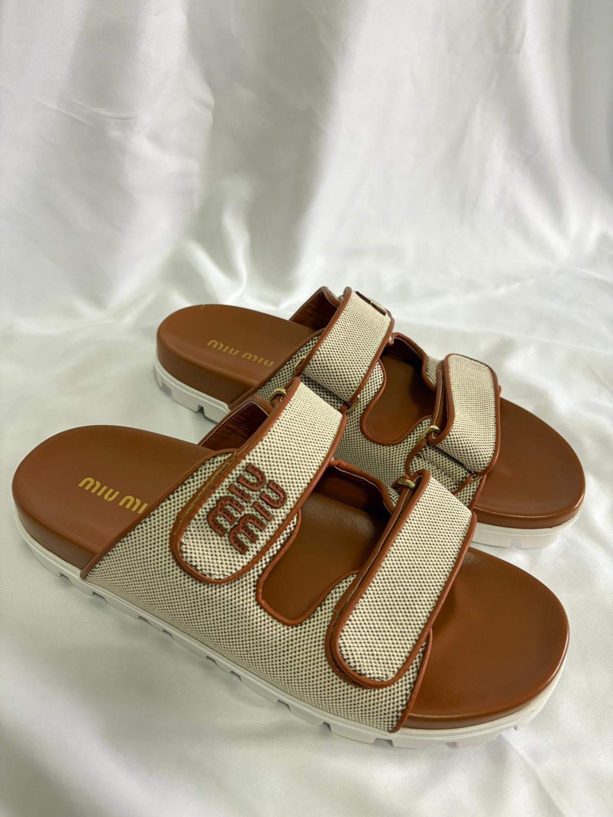 Miu Miu Double Strap Slide — Tan